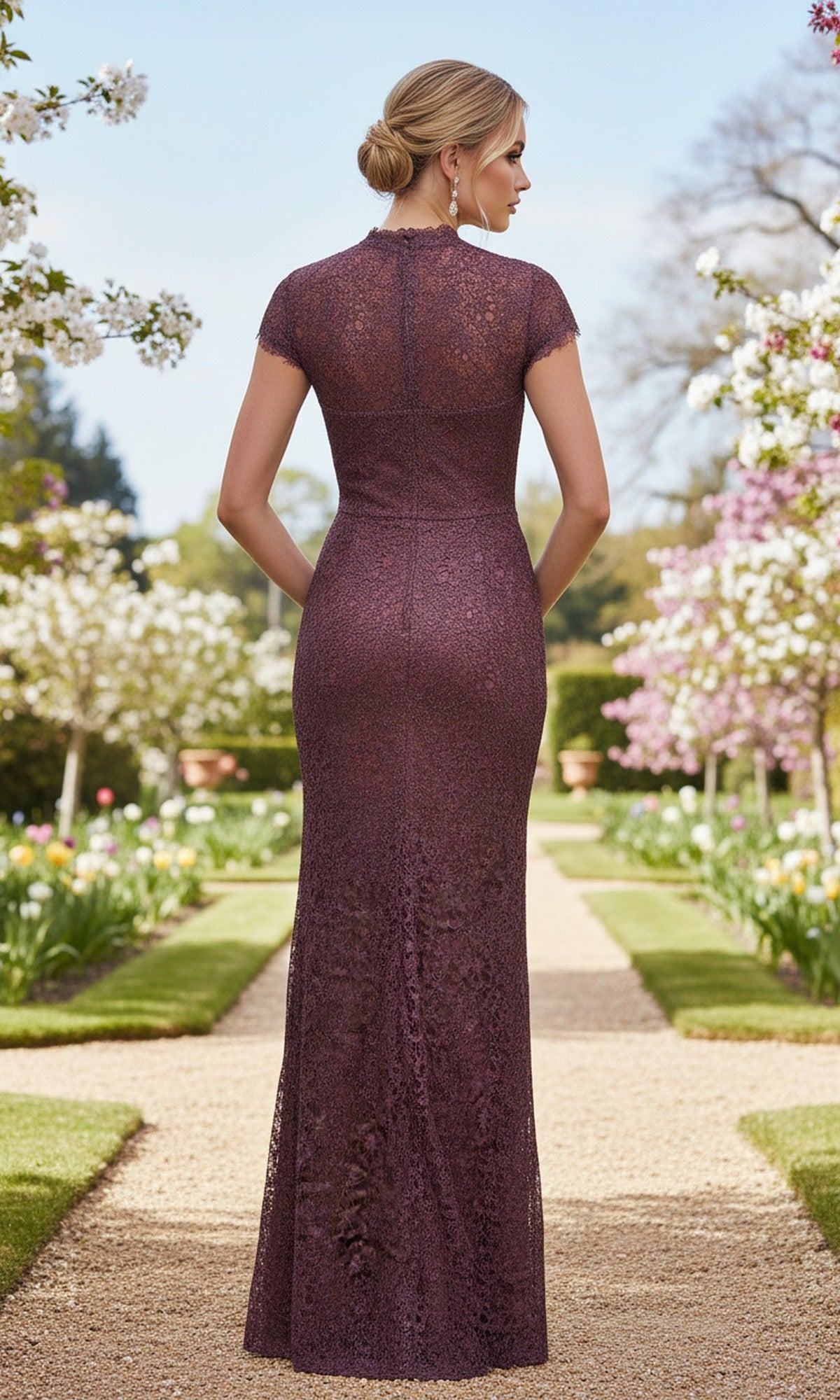 A woman in the Long Prom Dress: La Femme 33729, a mauve floor-length lace gown, stands on a garden path facing away, surrounded by blooming trees and lush greenery.